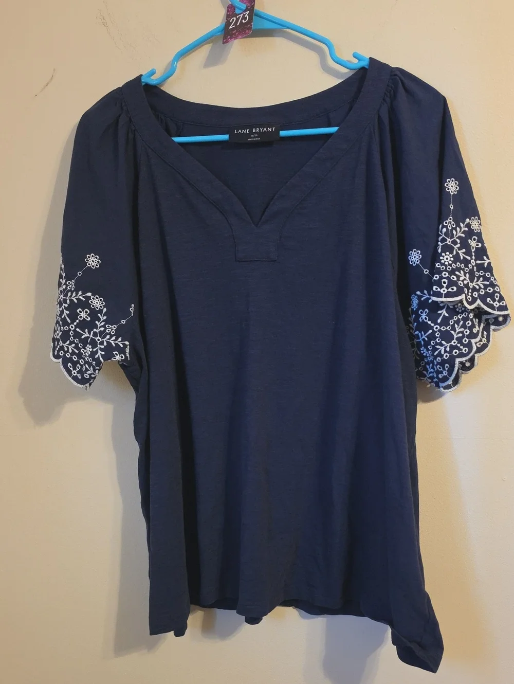 Lane Bryant Navy and White Lace Sleeve V Neck Blouse. In EUC - Picture 2 of 5